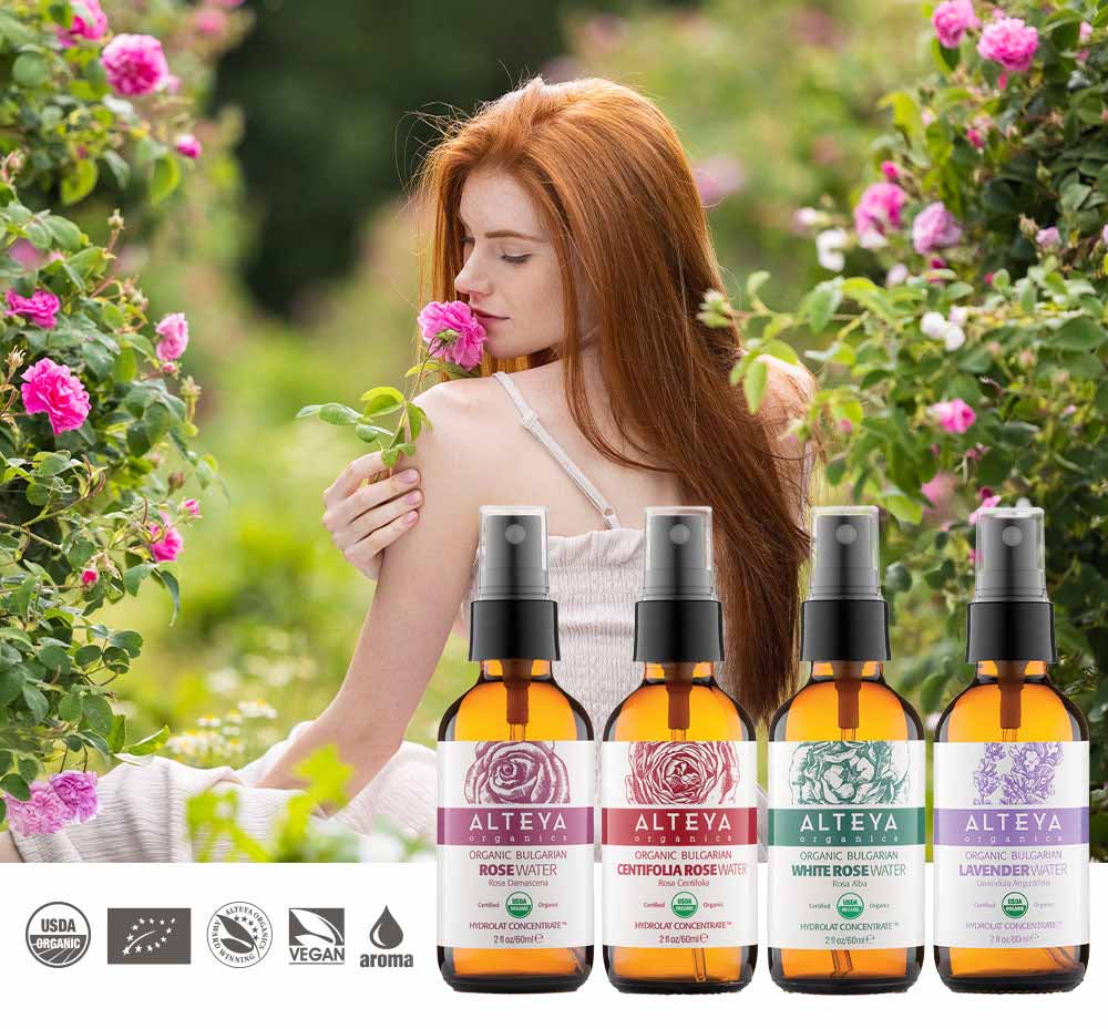 All flower waters are obtained from fresh organic blossoms, hand-picked at dawn from Alteya’s fragrant gardens.